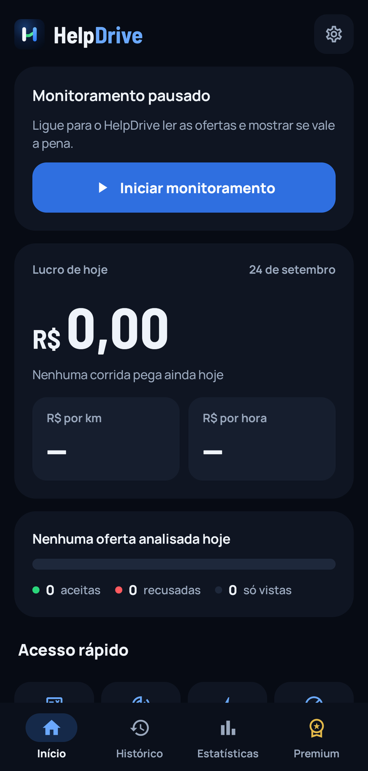 Captura real da tela inicial do HelpDrive: monitoramento, lucro de hoje com R$/km e R$/hora, ofertas do dia, acesso rápido e a barra de abas